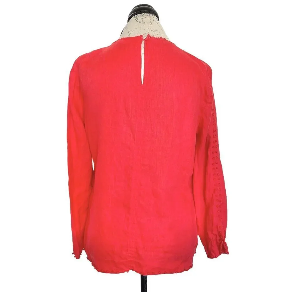 J Crew Womens Blouse 100% Linen Long Sleeve Dots Embroidered Trim Frayed Sz 8